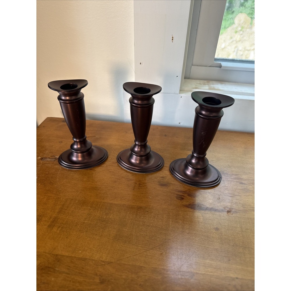 Valerie Parr Hill Stainless Steel bronze Candle Stick Holders 5" Tall Set of 3